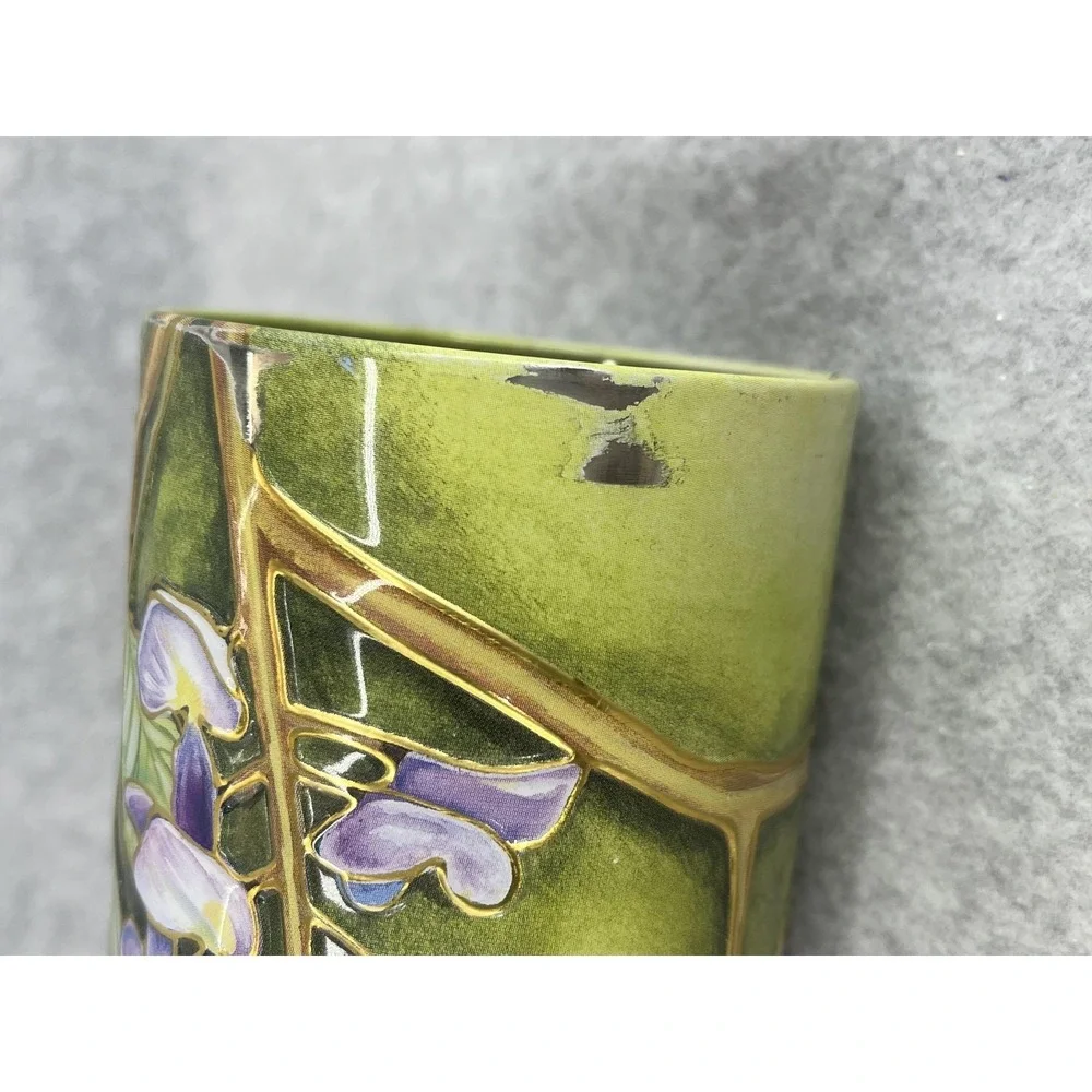 Silver Crane Green Floral Tin Art Nouveau Wisteria Storage Canister Lid Spring